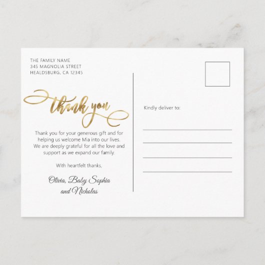 Modern Goud Script Baby Fotocollage Dank u Briefkaart (Achterkant)