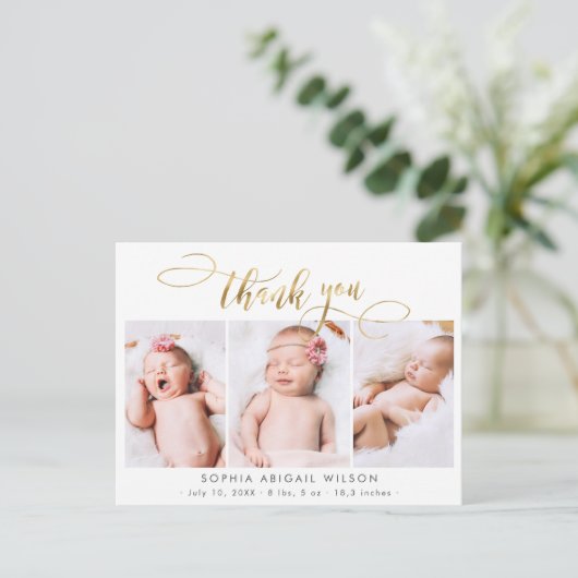 Modern Goud Script Baby Fotocollage Dank u Briefkaart (Staand voorkant)
