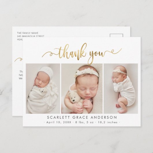 Modern Goud Script Baby Fotocollage Dank u Briefkaart (Voorkant / Achterkant)