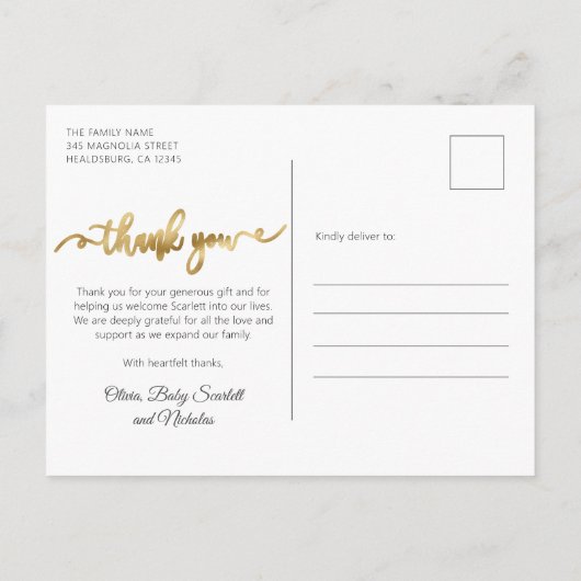 Modern Goud Script Baby Fotocollage Dank u Briefkaart (Achterkant)
