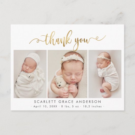 Modern Goud Script Baby Fotocollage Dank u Briefkaart (Voorkant)