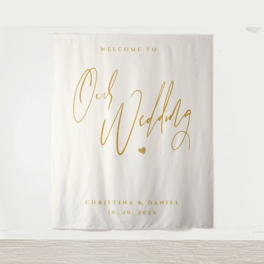 Modern Goud Script Bruiloft Welkomstbord Wandkleed (Voorkant)