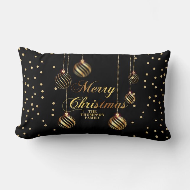 Modern Goud Script Confetti Zwart Familie Kerstmis Kussen (Voorkant)