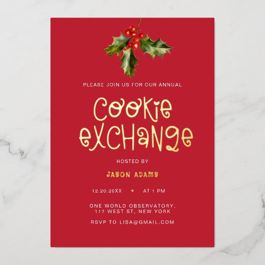 Modern Goud Script Cookie Exchange Kerstfeest Folie Feestdagenkaart (Voorkant)