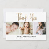 Modern Goud Script Custom 3 foto Baby Bedankkaart (Voorkant)