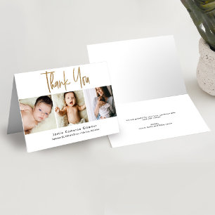 Modern Goud Script Custom 3 foto Baby Bedankkaart