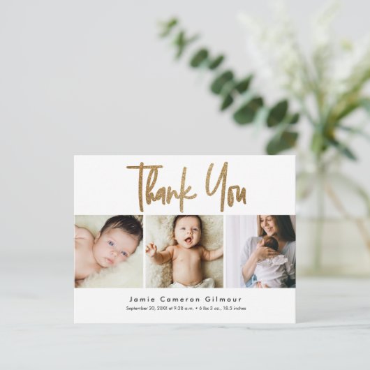 Modern Goud Script Custom 3 foto Baby Briefkaart (Staand voorkant)