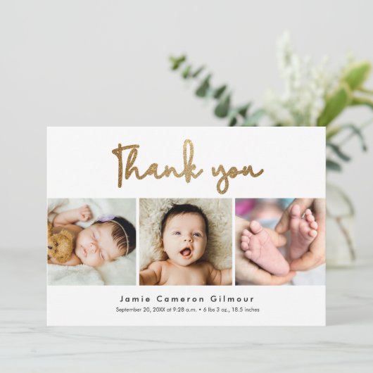 Modern Goud Script Custom 3 foto's Baby shower Bedankkaart (Staand voorkant)
