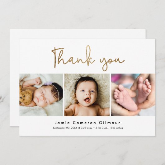 Modern Goud Script Custom 3 foto's Baby shower Bedankkaart (Voorkant / Achterkant)