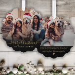 Modern Goud Script Eenvoudig 2 Foto Kerstmis Ornament Kaart<br><div class="desc">Modern Schattige Minimalistisch Goud Script 2 Foto Merry Christmas Script Vakantie Ornament Kaart. Deze feestelijke, eenvoudige minimalistische, grillige twee foto vakantie wenskaart sjabloon beschikt over "Merry Christmas" begroetingstekst die is geschreven in een met de hand geletterde swirly-tail lettertype gouden kalligrafie script foto overlay. Op de achterkant met uw groetbericht sjabloon...</div>
