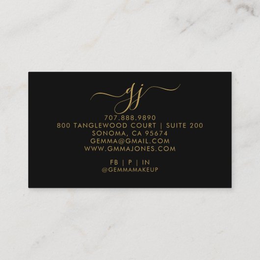 Modern Goud Script Initialen Make-up Artiest Zwart Visitekaartje (Achterkant)