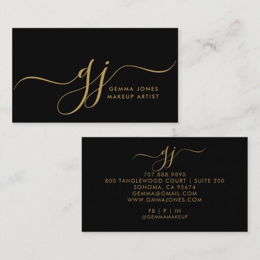 Modern Goud Script Initialen Make-up Artiest Zwart Visitekaartje (Voorkant / Achterkant)