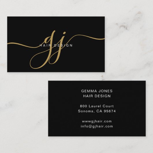 Modern Goud Script Monogram Initialen Haar Stylist Visitekaartje (Voorkant / Achterkant)
