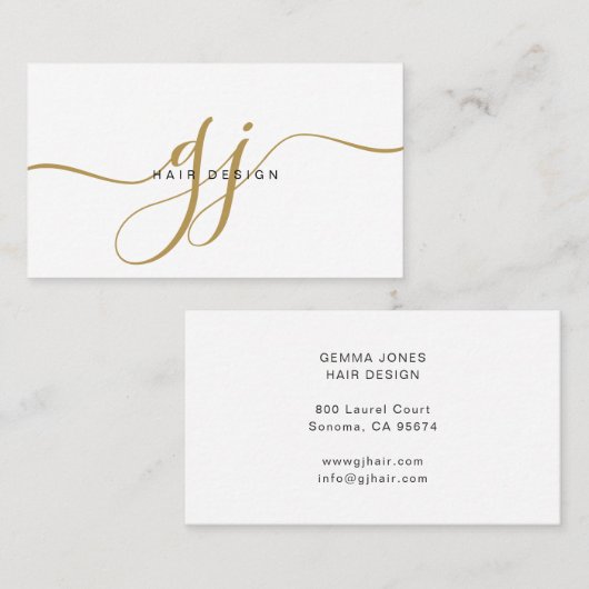 Modern Goud Script Monogram Initialen Haar Stylist Visitekaartje (Voorkant / Achterkant)