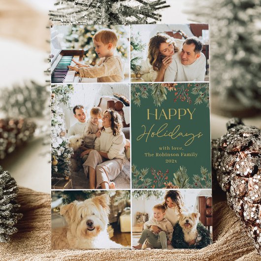 Modern Goud Script Multi Photo Holiday Kaart