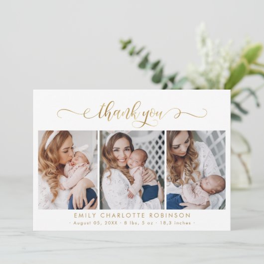 Modern Goud Script Newborn Baby 3 Foto Dank u Bedankkaart (Staand voorkant)