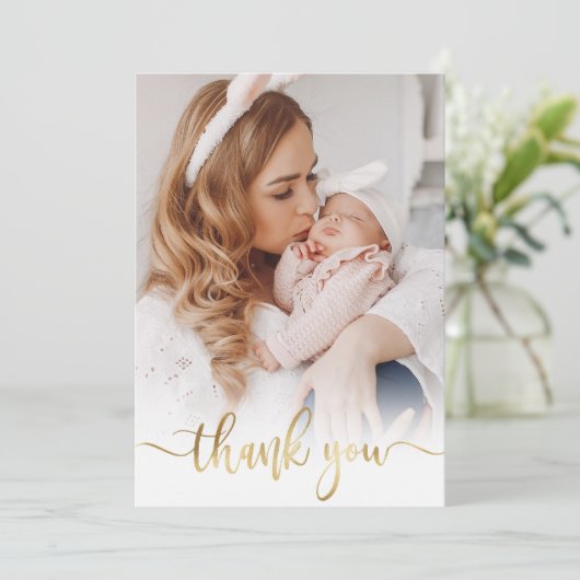 Modern Goud Script Newborn Baby Foto Dank u Bedankkaart (Staand voorkant)
