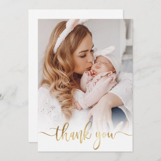 Modern Goud Script Newborn Baby Foto Dank u Bedankkaart (Voorkant / Achterkant)