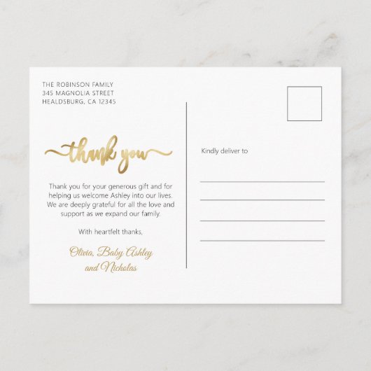 Modern Goud Script Newborn Baby Foto Dank u Briefkaart (Achterkant)