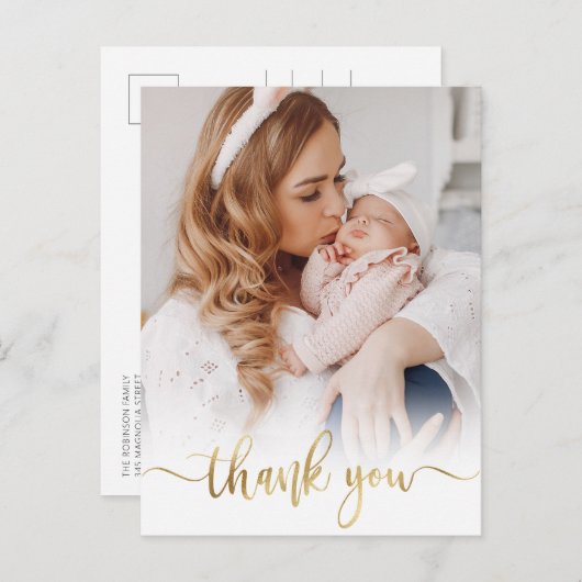Modern Goud Script Newborn Baby Foto Dank u Briefkaart (Voorkant / Achterkant)