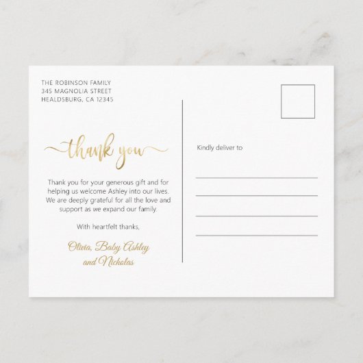 Modern Goud Script Newborn Baby Foto Dank u Briefkaart (Achterkant)