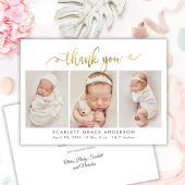 Modern Goud Script Pasgeboren 3 Baby Foto Dank u Bedankkaart