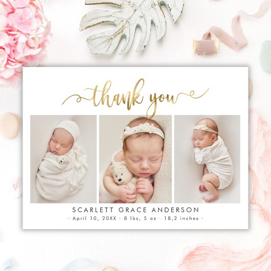Modern Goud Script Pasgeboren 3 Baby Foto Dank u Bedankkaart
