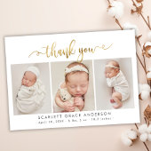 Modern Goud Script Pasgeboren 3 Baby Foto Dank u Bedankkaart