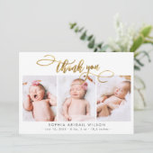 Modern Goud Script Pasgeboren 3 Baby Foto Dank u Bedankkaart (Staand voorkant)