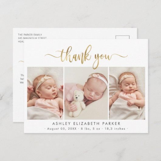 Modern Goud Script Pasgeboren Fotocollage Dank u Briefkaart (Voorkant / Achterkant)