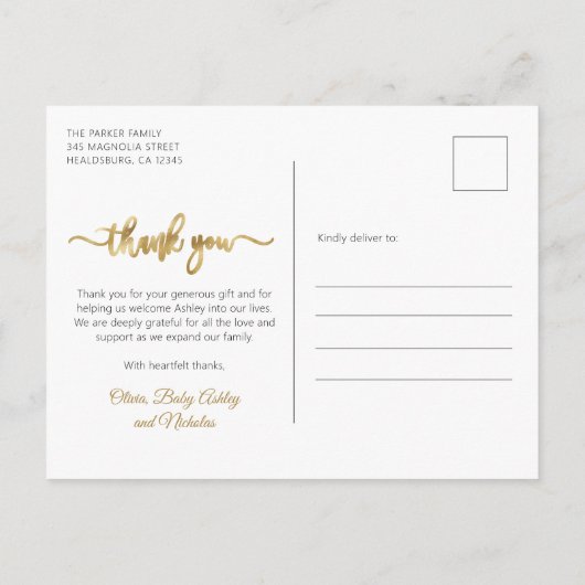 Modern Goud Script Pasgeboren Fotocollage Dank u Briefkaart (Achterkant)