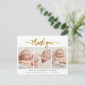 Modern Goud Script Pasgeboren Fotocollage Dank u Briefkaart (Staand voorkant)