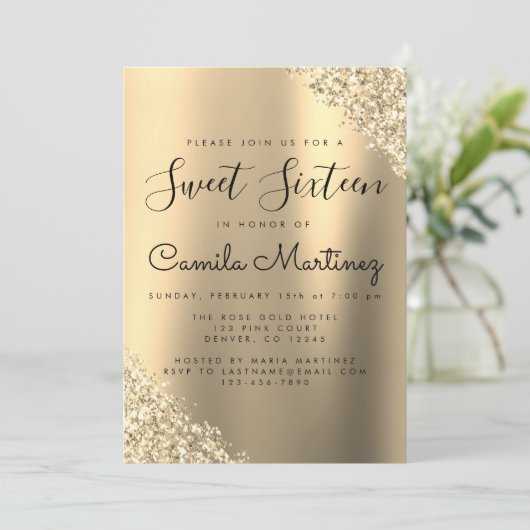 Modern Goud Sweet 16 Glitter Party Kaart (Staand voorkant)