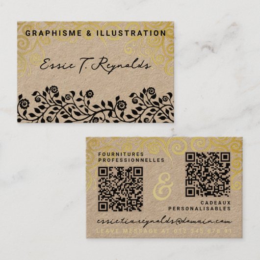 Modern Goud Tan & Zwart Kalligrafie Voeg 2 QR-code Visitekaartje (Voorkant / Achterkant)
