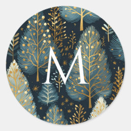 Modern Goud Vakantie Bos Monogram Kerst Ronde Sticker