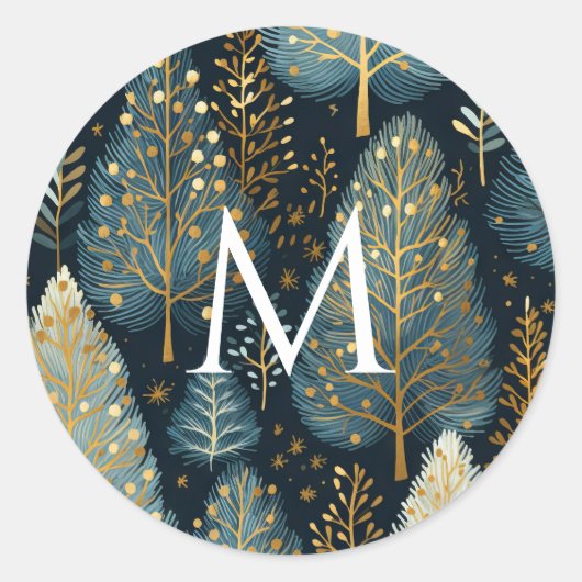 Modern Goud Vakantie Bos Monogram Kerst Ronde Sticker (Voorkant)
