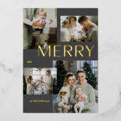 Modern Goud Vrolijk 4 Fotocollage Grijs Kerstmis Folie Feestdagenkaart (Voorkant)