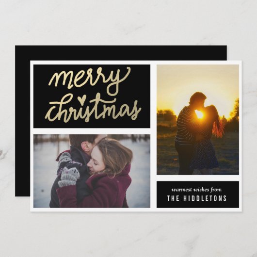 Modern Goud Vrolijk Kerstscript Twee foto's Feestdagenkaart (Voorkant / Achterkant)