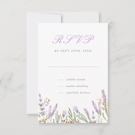 Modern Goud & Waterverf Lavendel Bloemen Bruiloft RSVP Kaartje (Voorkant)