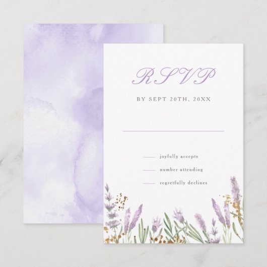 Modern Goud & Waterverf Lavendel Bloemen Bruiloft RSVP Kaartje (Voorkant / Achterkant)