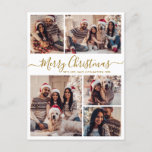 Modern Goud Wit 5 foto Collage Kerstmis Briefkaart<br><div class="desc">Elegant, Modern Goud en Wit 5 Fotocollage Vakantie Kerstmis Familie Foto Briefkaarten. Deze feestelijke, minimalistische, grillige vijf (5) foto vakantie wenskaart sjabloon beschikt over een grid fotocollage en zegt "Vrolijk kerstfeest"! De begroetingstekst "Merry Christmas" is geschreven in een prachtig handgeschreven swirly swash-tail lettertype script in goudkleur op een witte achtergrond....</div>