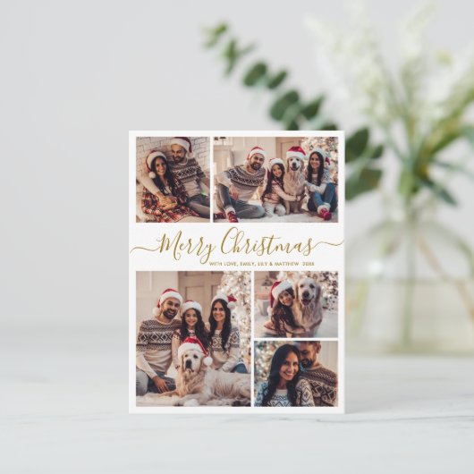 Modern Goud Wit 5 foto Collage Kerstmis Briefkaart (Staand voorkant)