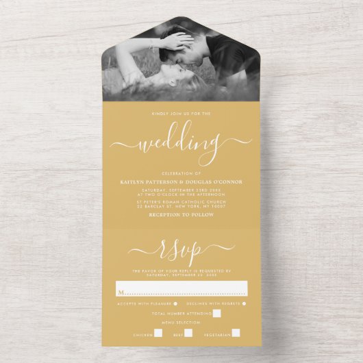 Modern Goud & Wit Eenvoudig Schrifthuwelijk All In One Uitnodiging (Binnen)