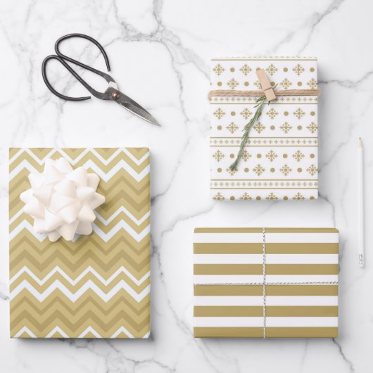 Modern Goud Wit Geometrische Stripe Kerstmis Inpakpapier Vel (Voorkant)
