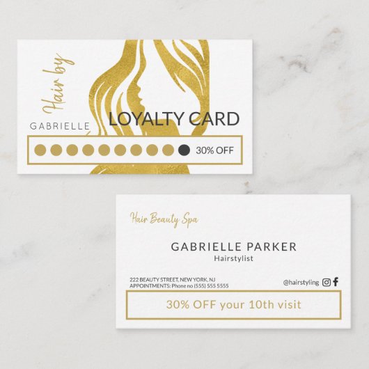 Modern goud wit kapsalon loyaliteit punch visitekaartje (Voorkant / Achterkant)