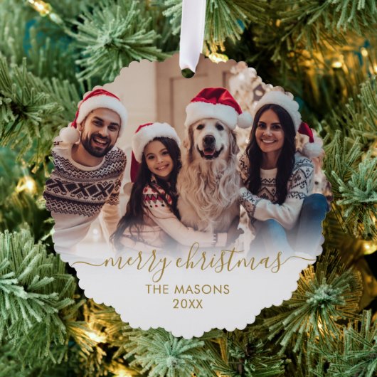 Modern Goud Wit Script 2 Familie Foto Kerstmis Ornament Kaart (Insitu (Drie))