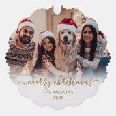 Modern Goud Wit Script 2 Familie Foto Kerstmis Ornament Kaart (Voorkant)