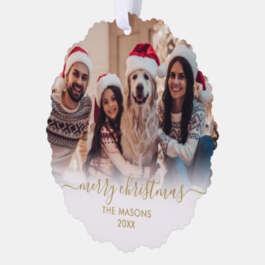 Modern Goud Wit Script 2 Familie Foto Kerstmis Ornament Kaart (Links)