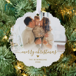 Modern Goud Wit Script 2 Familie Foto Kerstmis Ornament Kaart