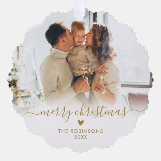 Modern Goud Wit Script 2 Familie Foto Kerstmis Ornament Kaart (Voorkant)